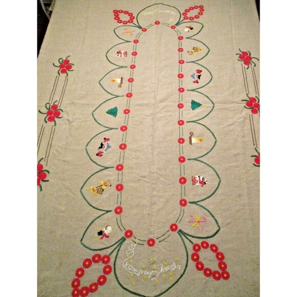 *Vintage Tan Khaki Muslin Embroidered Tablecloth w Assorted Colorful Holiday